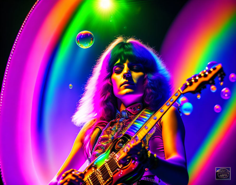 Woman Playing Electric Guitar in Vibrant, Psychedelic Setting