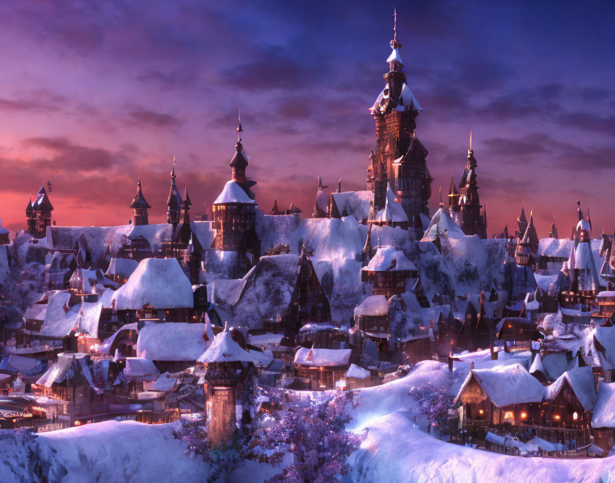 Snow-covered fairy-tale village with illuminated windows and ornate castle at dusk