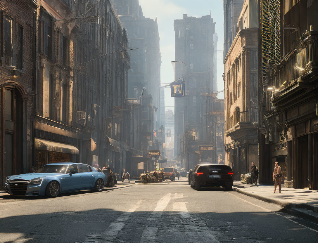 City street scene with cars, pedestrians, and tall buildings in sunlight