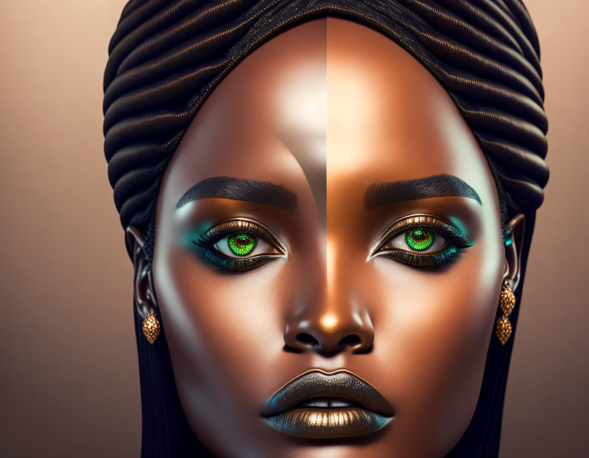 Split-design digital portrait of a woman: natural skin & green eyes on one side, metallic gold on