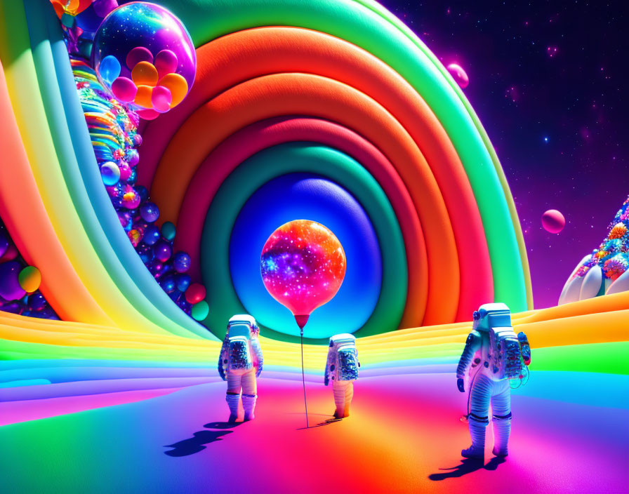 Colorful surreal landscape with astronauts, balloon, bubbles, and luminous sky