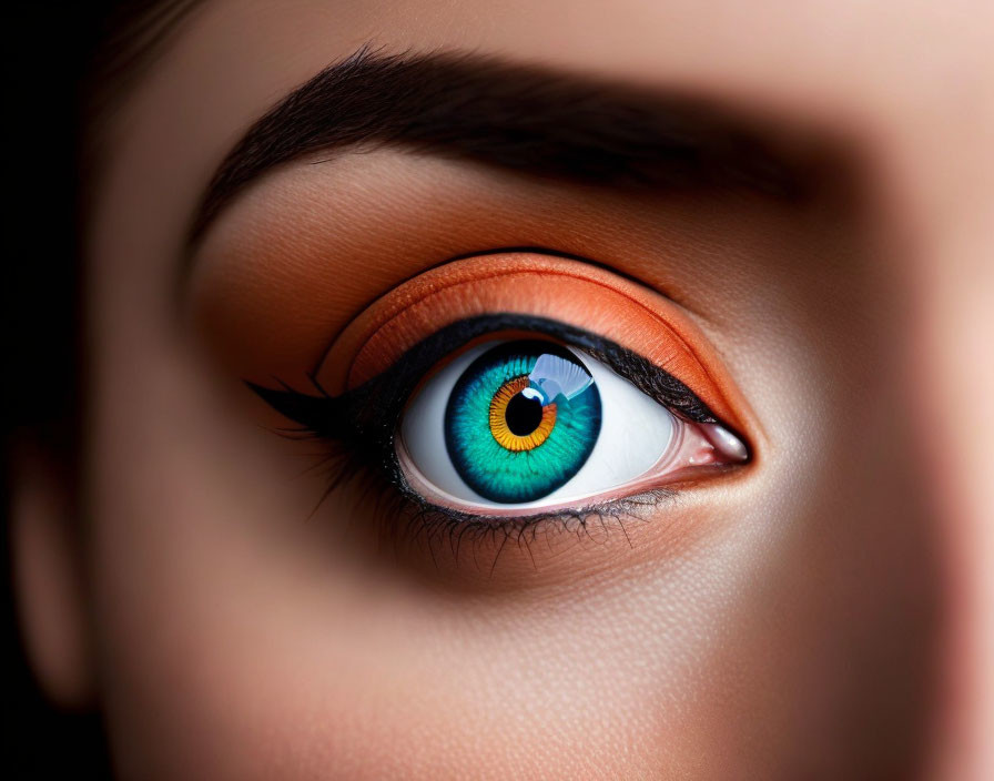 Colorful eye with blue, green, and orange hues and black eyeliner on dark background