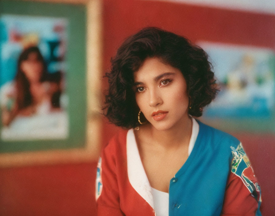 Curly Haired Woman in Colorful Jacket Sitting Pensively