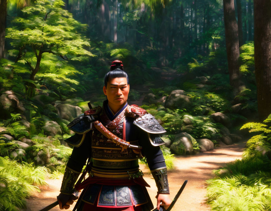 Traditional armored warrior in sunlit forest with sword and focused gaze