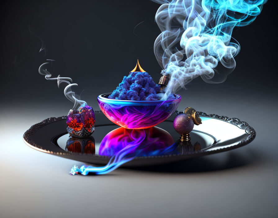 Fantasy-themed image: Smoking potion in magical bowl with mystical artifacts