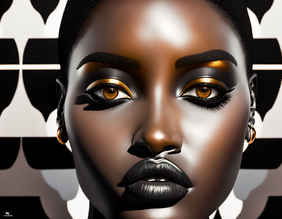 Woman's digital portrait with golden eyeshadow and black lips