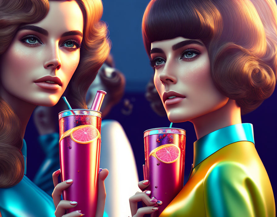 Stylized women with vintage hairstyles holding pink drinks on blue background