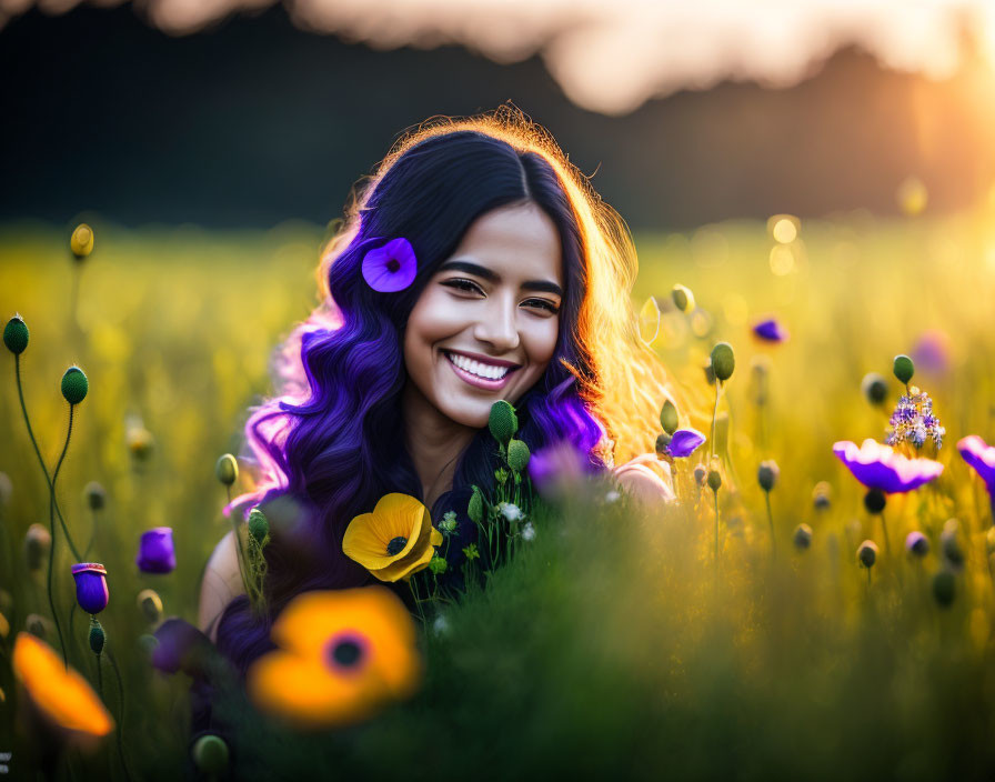 Smiling woman with purple hair in sunlit field of yellow and purple flowers