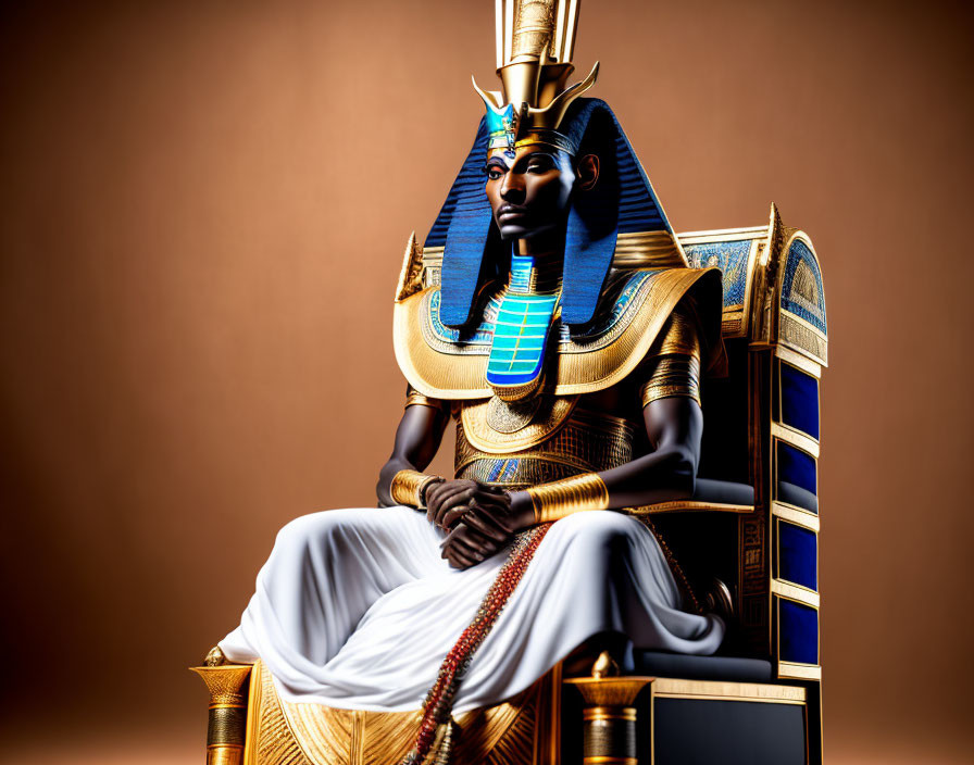 Golden Pharaoh Statue with Egyptian Headdress and Jewelry on Throne