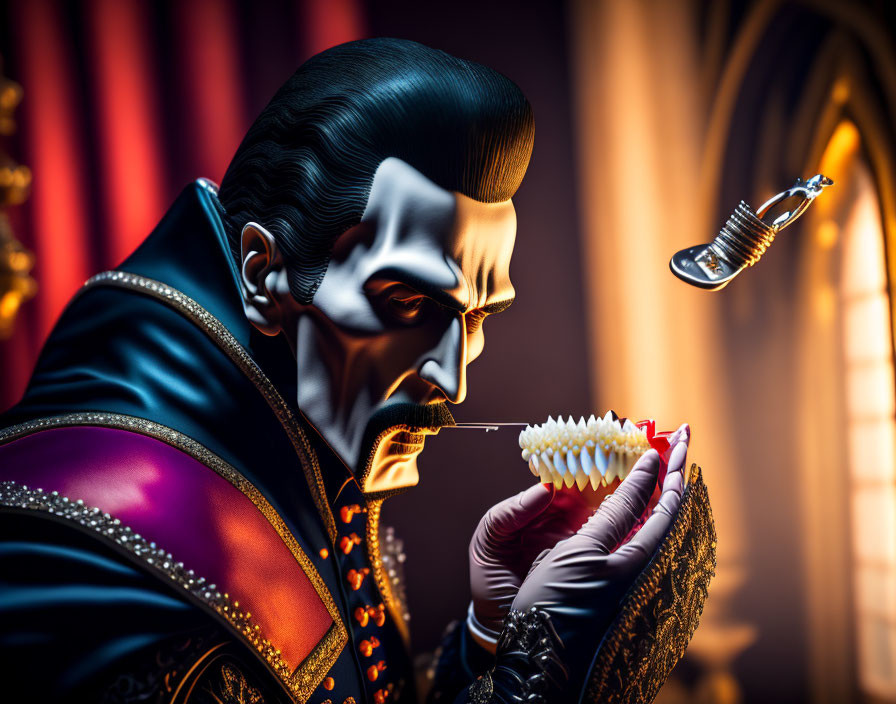 Illustration of Dracula with black hair and cape examining garlic bulb under light