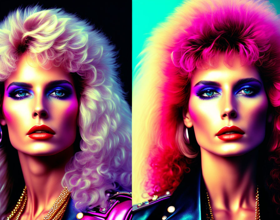 Colorful portrait of woman with voluminous blonde hair and bold makeup on neon background