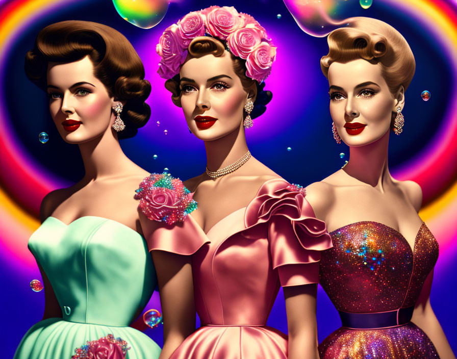 Vintage-style women in elegant dresses with glamorous hairstyles on colorful bubbly background