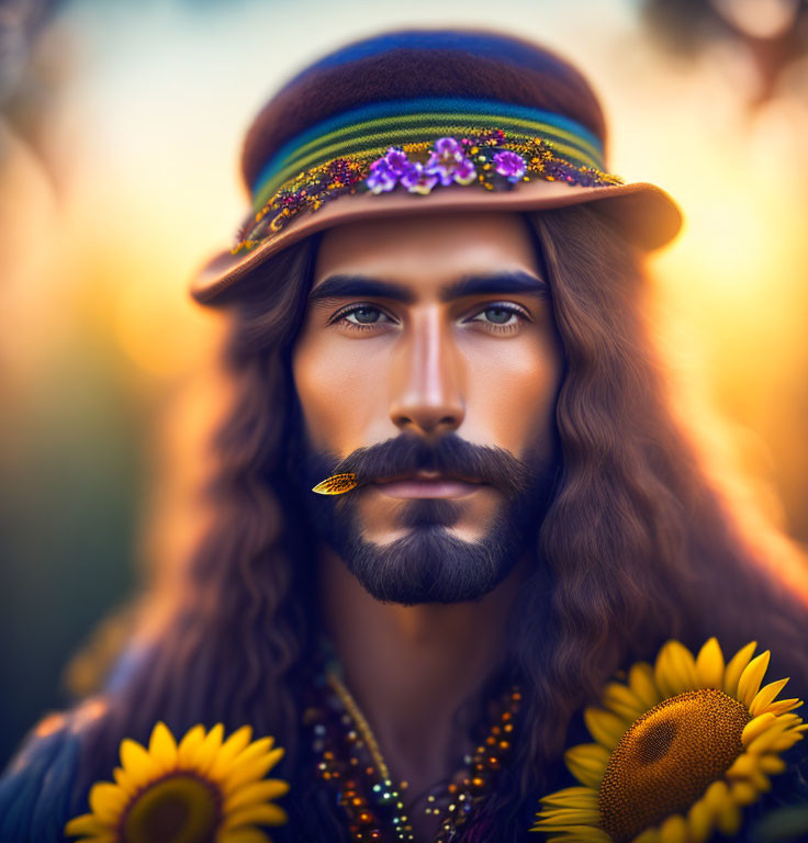 Bearded man in flowered hat among sunflowers at sunset