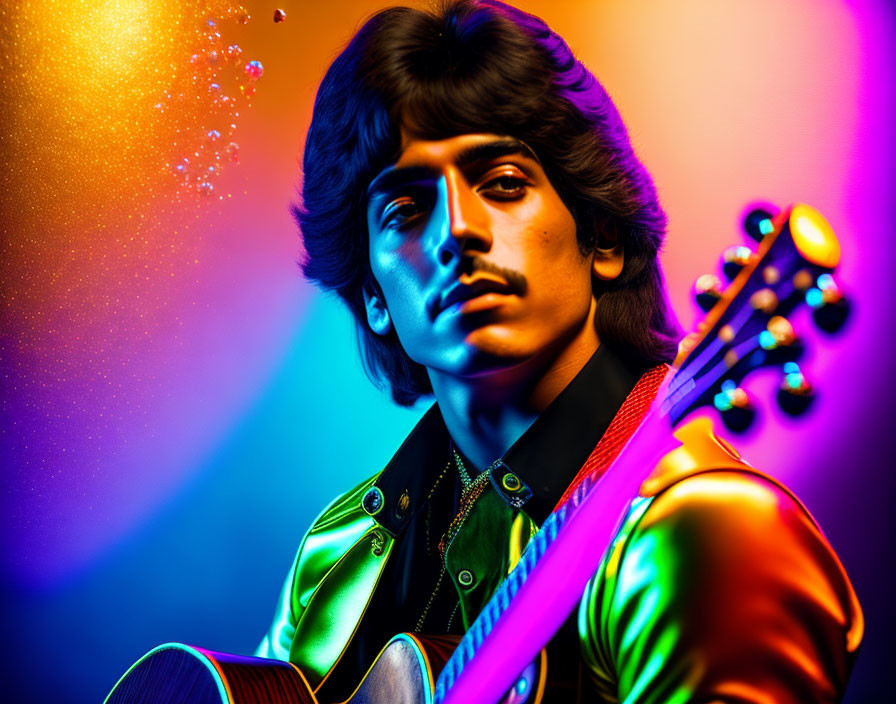 Man playing guitar against vibrant, retro background