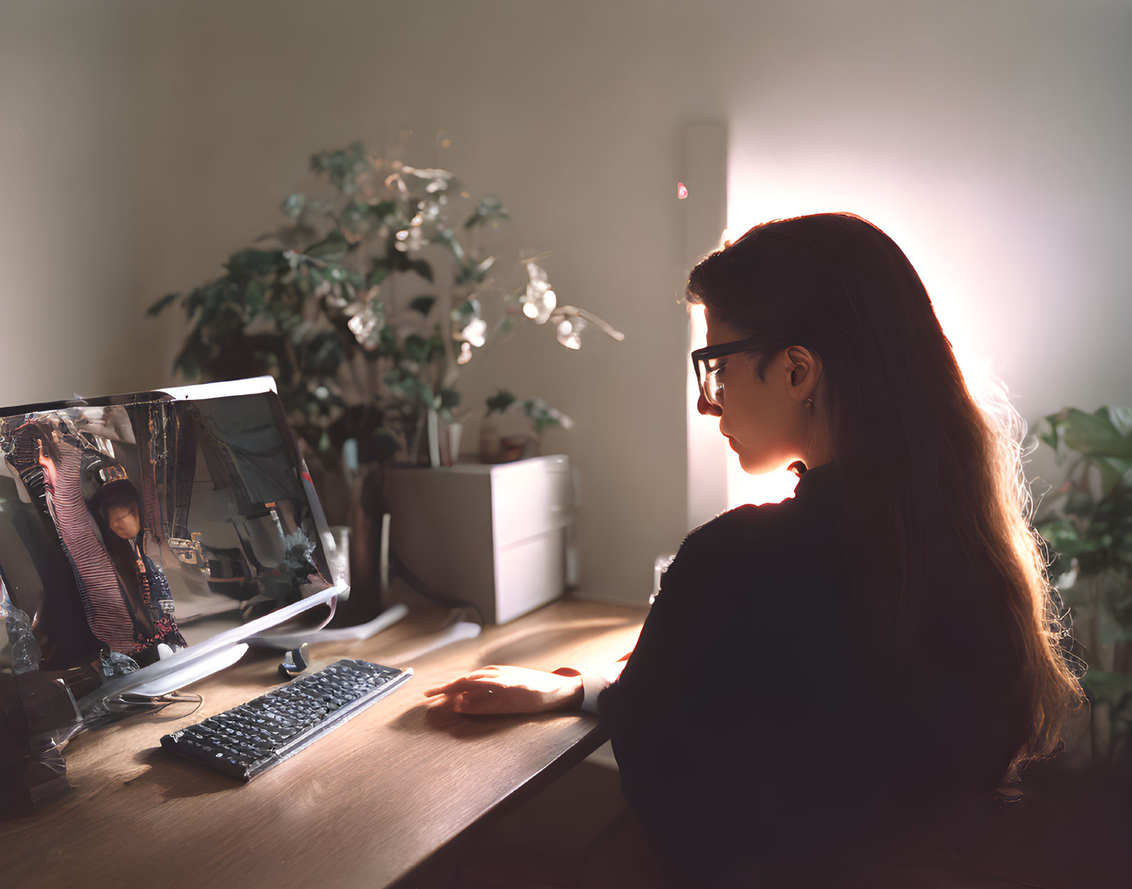 Woman with glasses working on computer in softly lit room with houseplant.