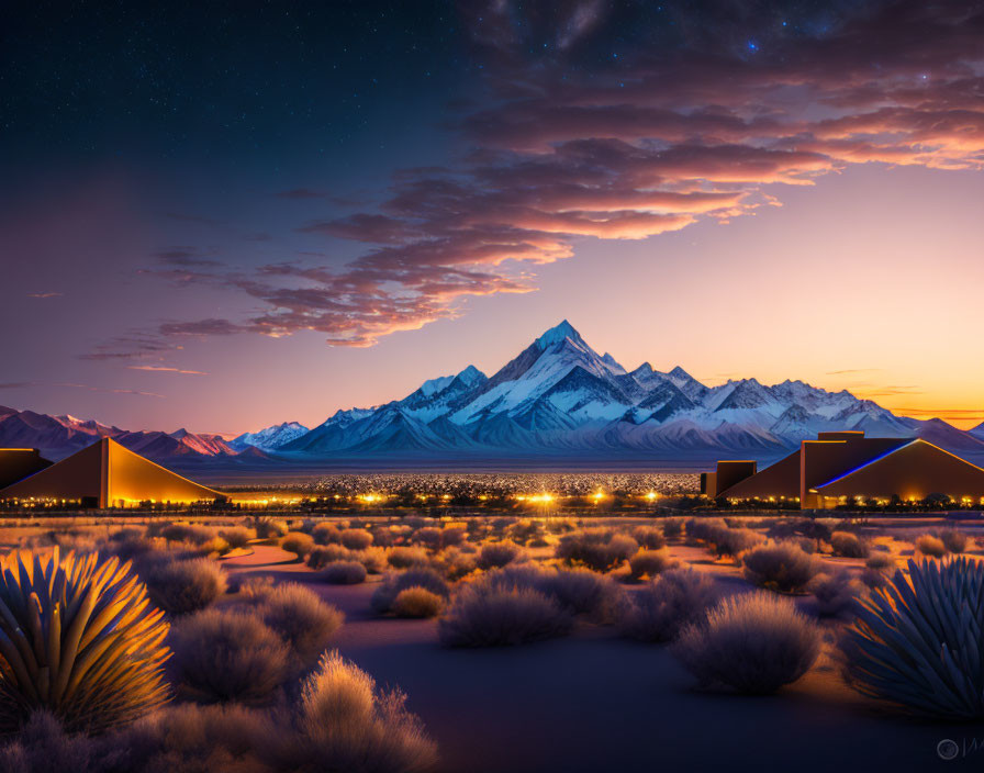 Serene desert landscape with illuminated tents, starry sky, and snow-capped mountains