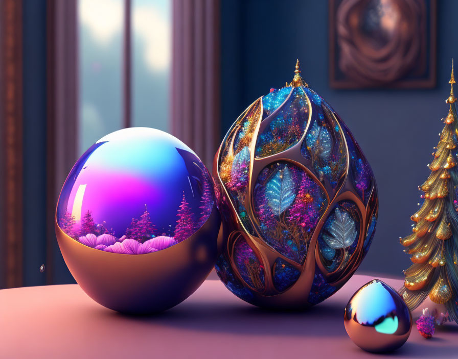 Reflective sphere with wintry landscape and ornate bauble on shiny surface.