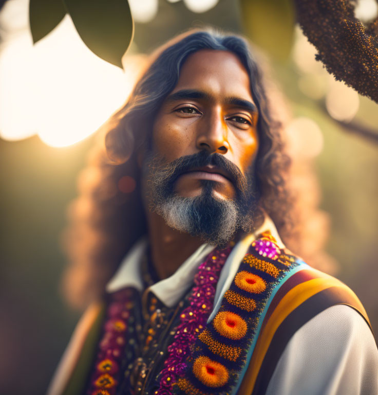 Bearded man in embroidered vest basking in soft sunlight