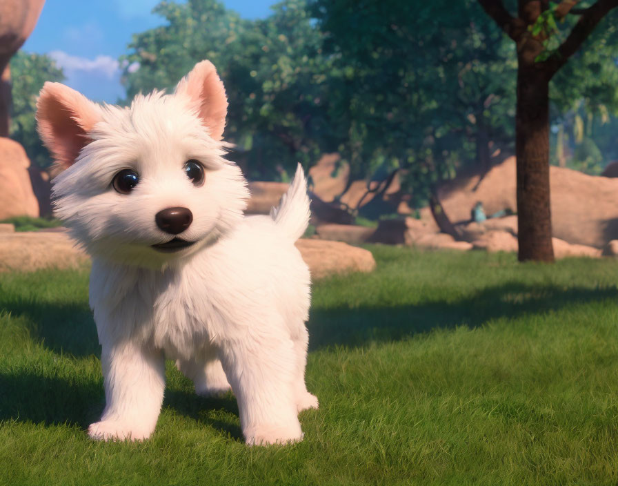 Fluffy White Animated Puppy in Sunny Outdoor Setting