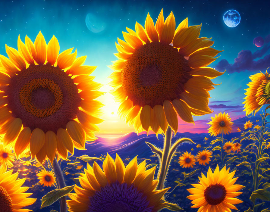 Sunflowers with sunset, twilight sky, stars, and multiple moons.