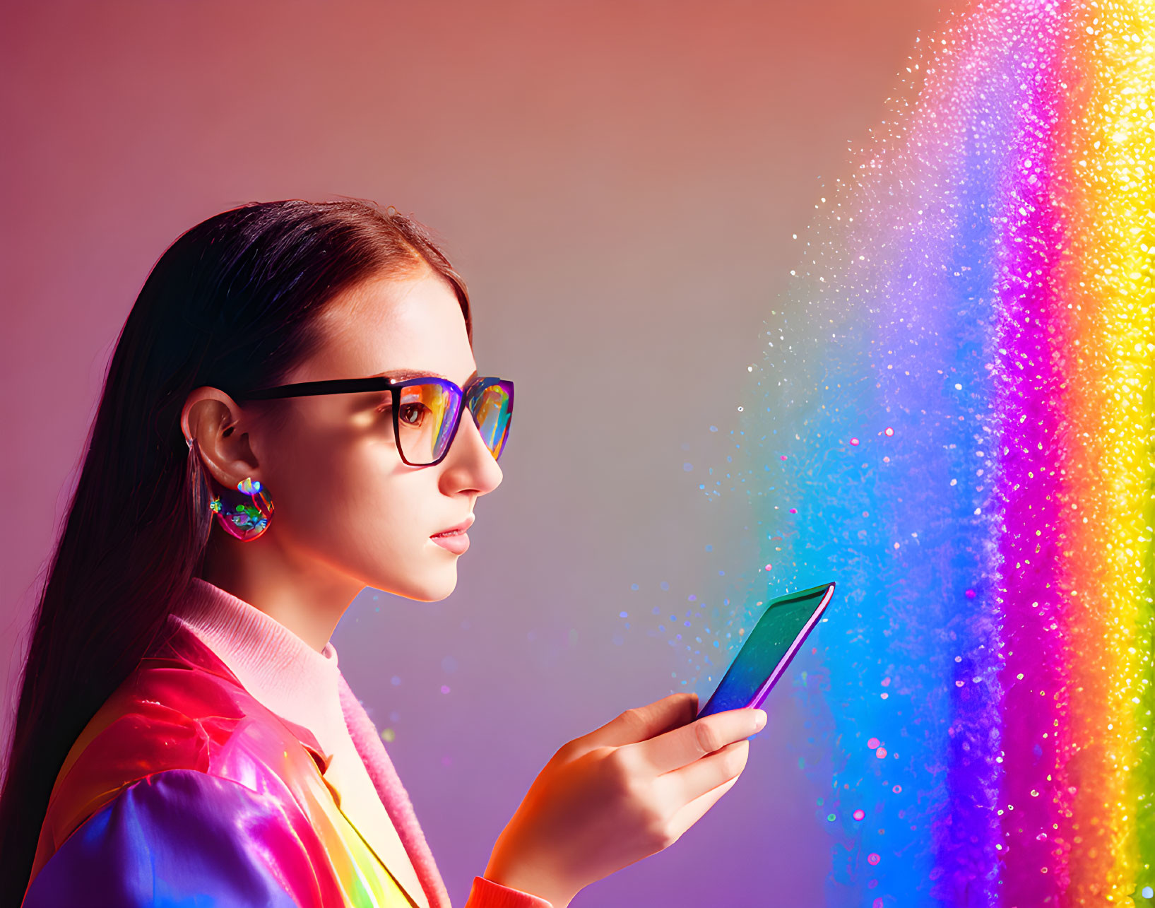 Colorfully dressed woman with glasses using smartphone emits vibrant light streams.