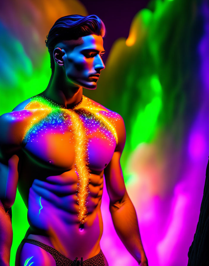 Male Model with Cosmic Glitter Paint Design on Chest & Shoulder