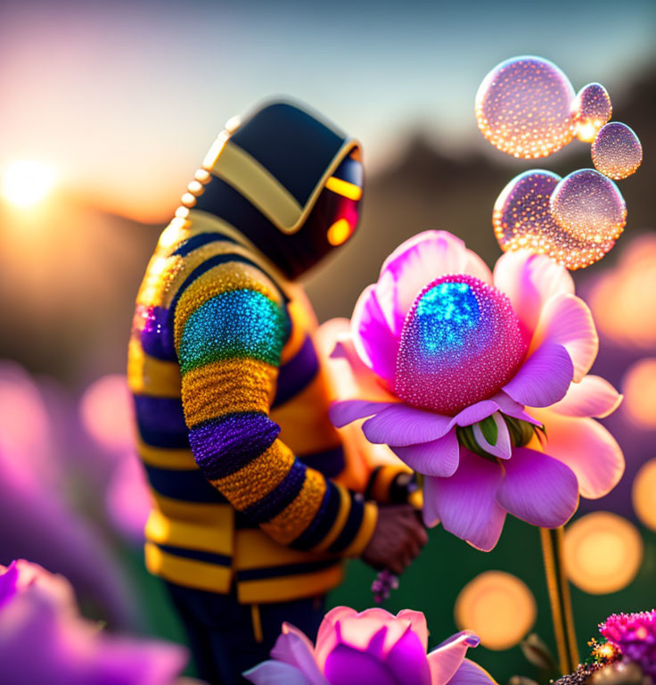 Futuristic suit person with glowing flower in neon-lit garden