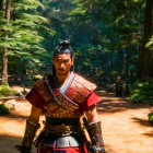 Traditional armored warrior in sunlit forest with sword and focused gaze