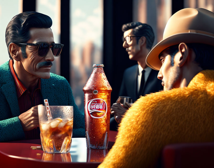 Retro animated men with soda bottle in stylish setting