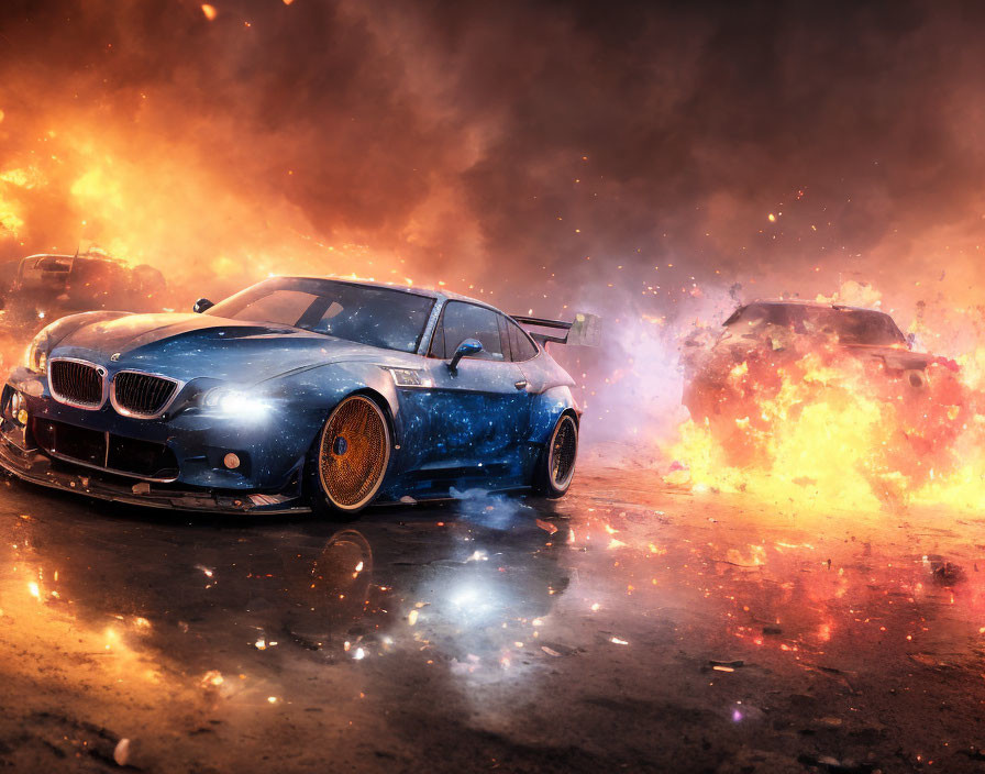 Custom Blue Galaxy Sports Car with Orange Wheels and Explosive Background