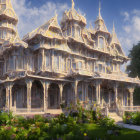 Grand Wooden Building Surrounded by Gardens and Sunlight