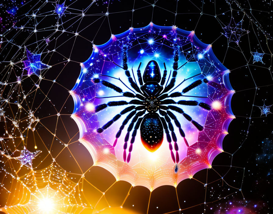 Colorful Spider Web Illustration in Cosmic Night Sky