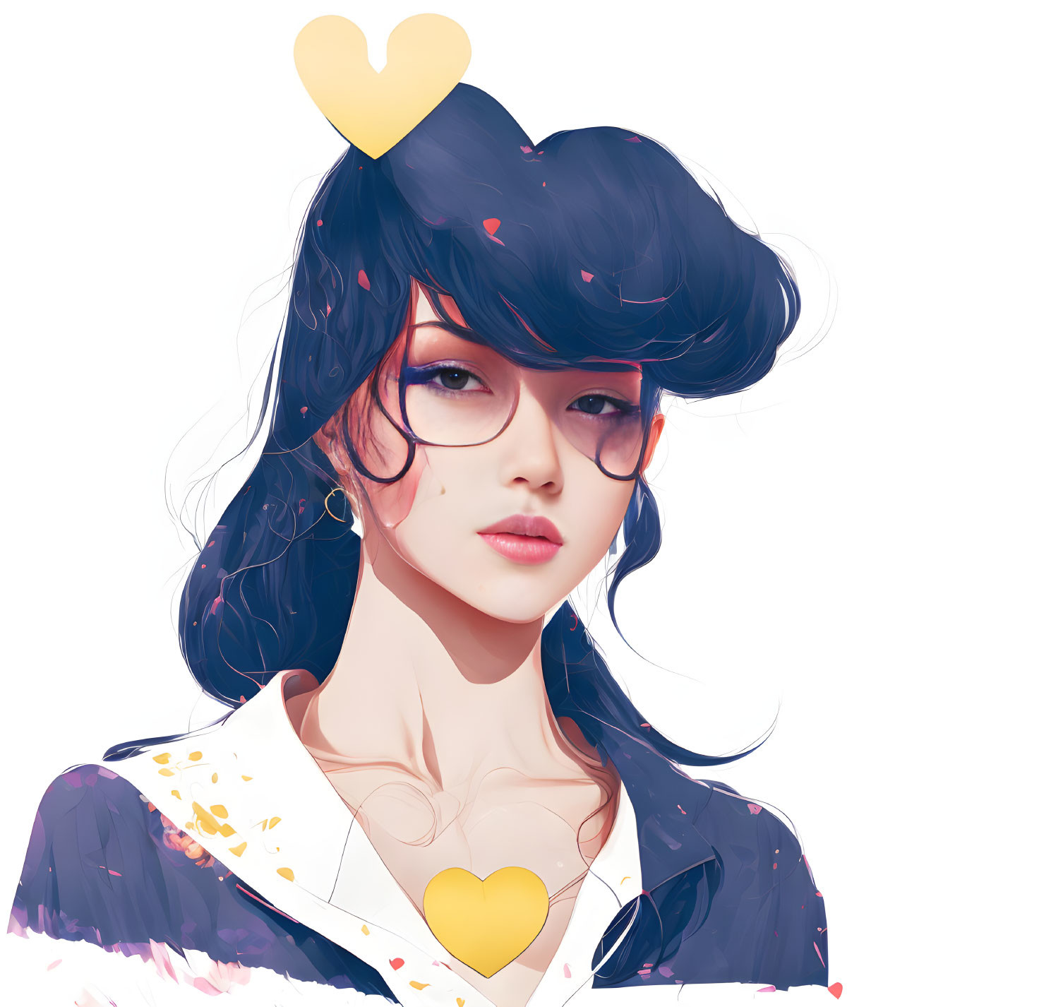 Illustration of woman with dark hair, glasses, white outfit, and heart accessory