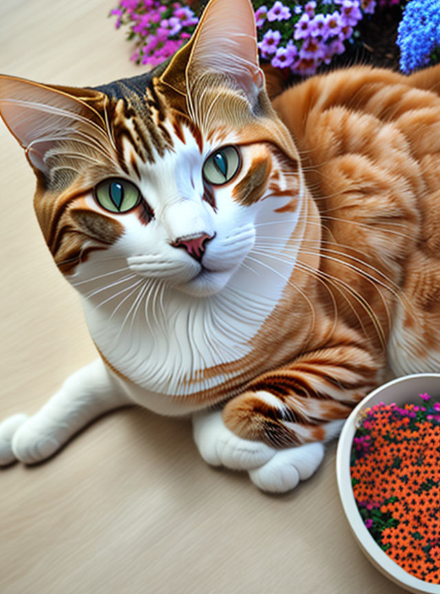 Orange and White Cat with Green Eyes Next to Bowl of Food Pellets and Purple Flowers