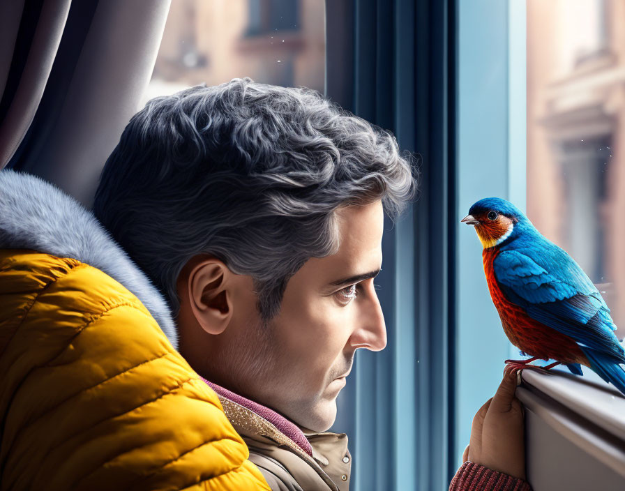 Man in yellow jacket gazes out window with colorful bird