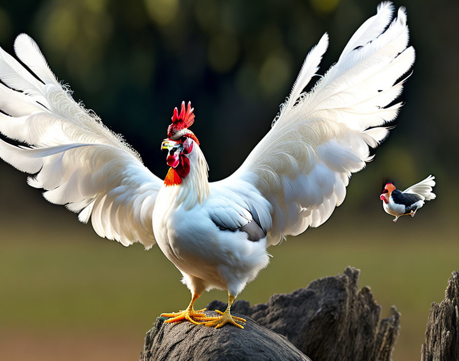 White Rooster Spreading Wings on Rock with Flying Bird in Soft Natural Setting