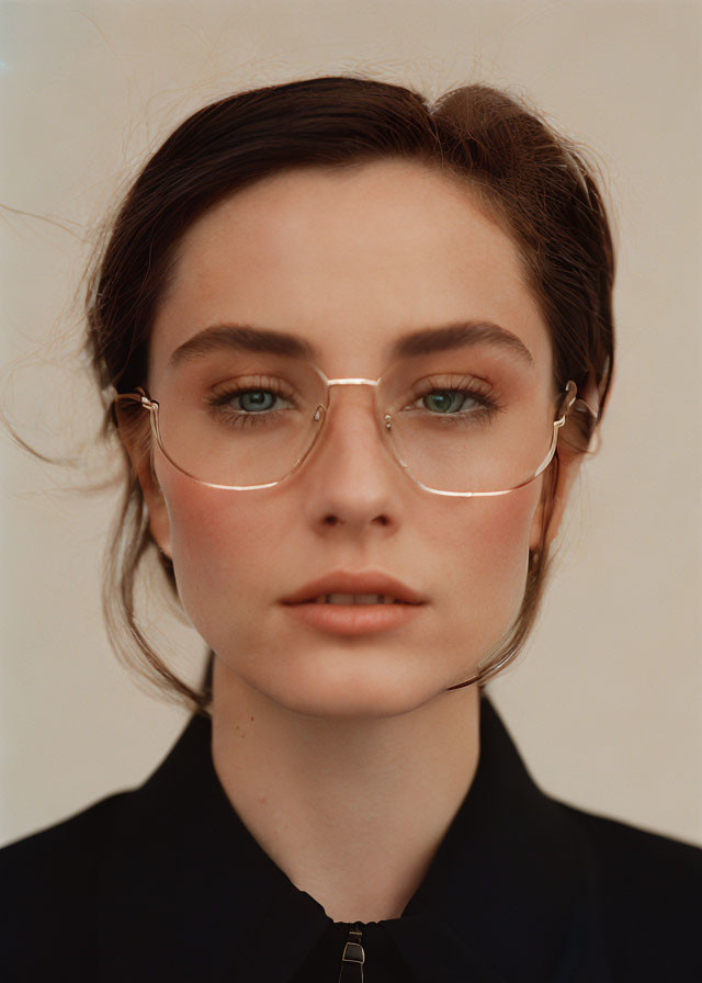 Portrait of Woman with Green Eyes in Round Glasses and Dark Shirt