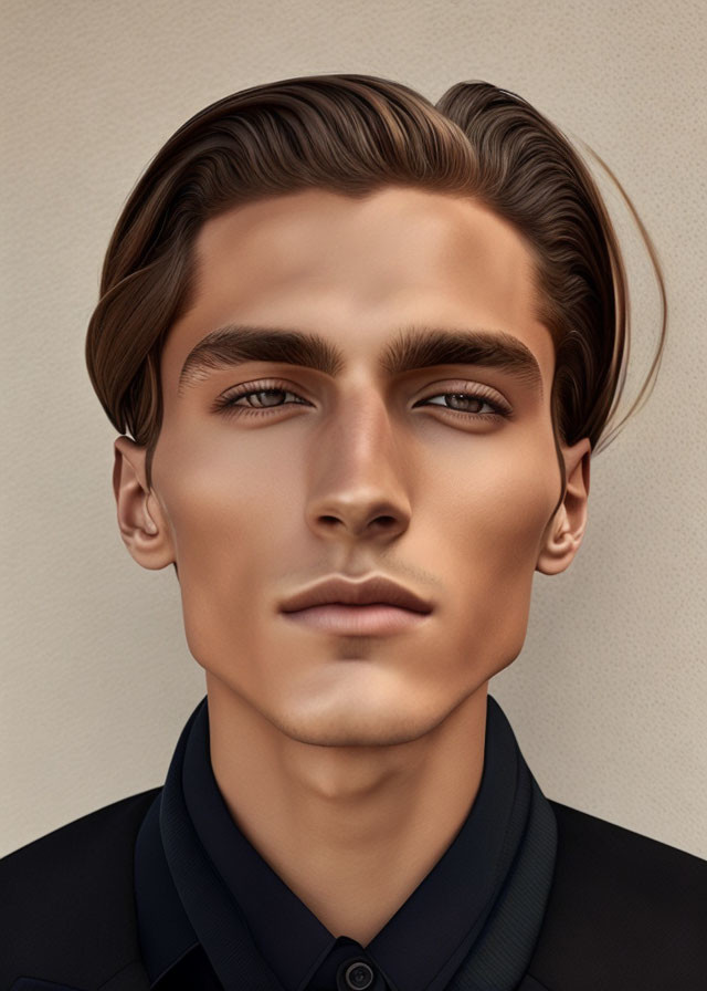 Realistic digital portrait of young man with slicked-back brown hair