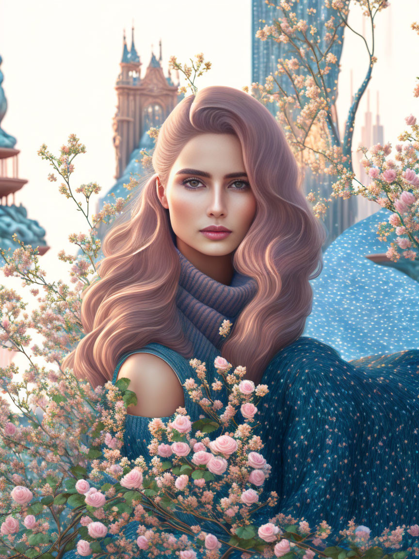 Digital artwork: Woman with pink hair, flowers, gothic & modern architecture.