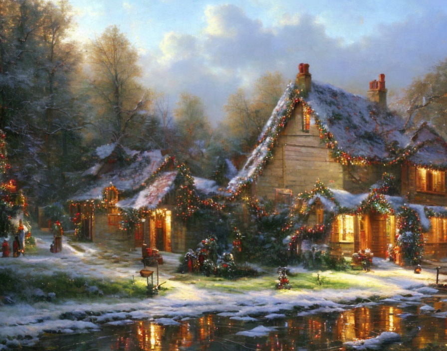 Snow-covered village scene at dusk with cozy cottages and festive decorations