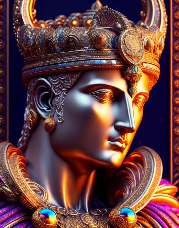 Regal figure with golden crown in vibrant digital artwork