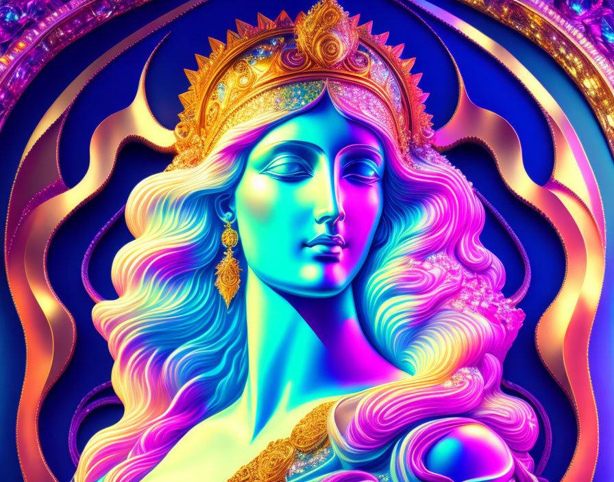 Regal woman digital artwork with golden crown and neon hues