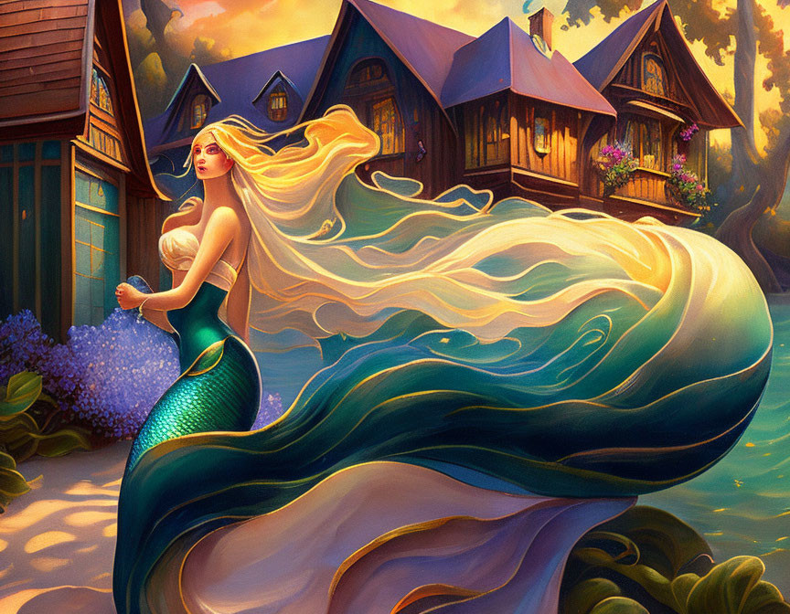 Mermaid with Golden Hair and Green Tail by Cozy Village Scene