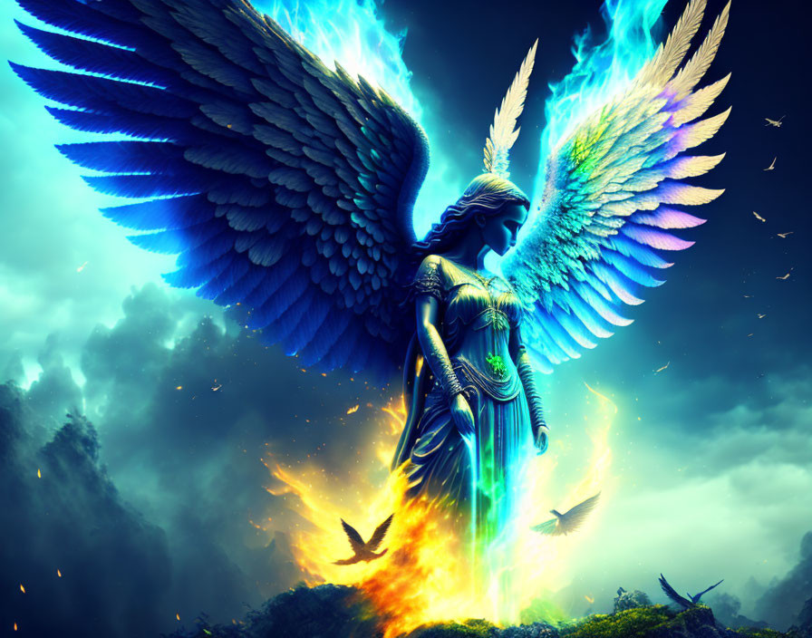 Colorful digital art of winged angel in fiery mystical setting