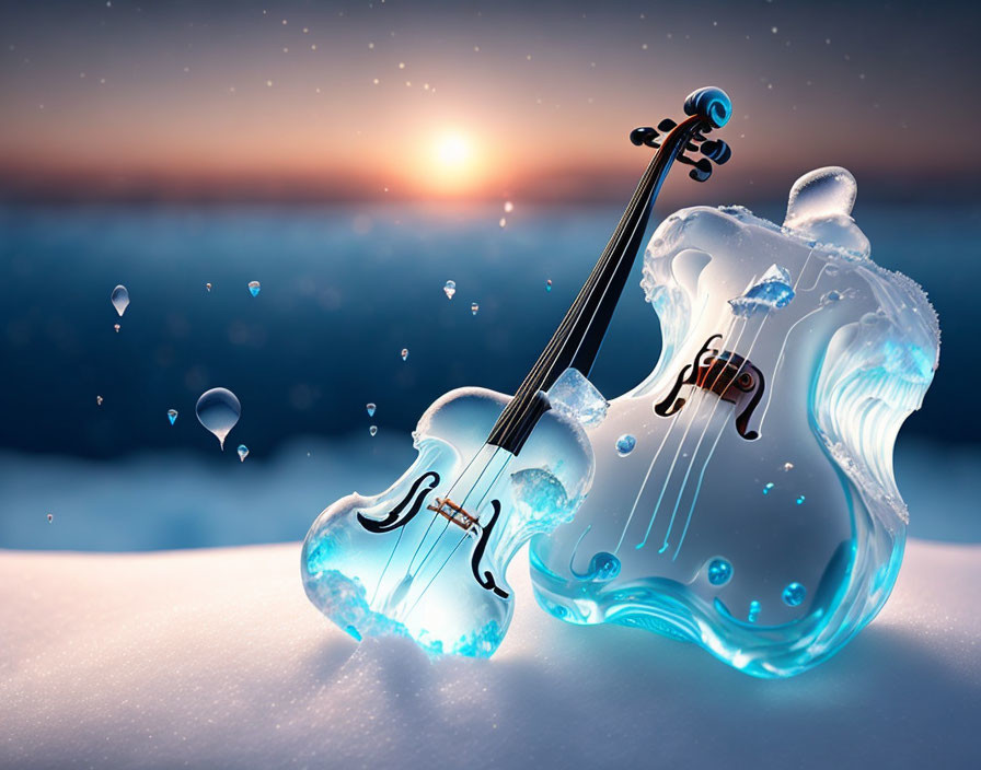 Violin blending with water in snowy landscape at sunset