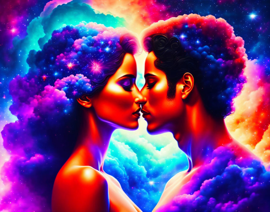 Colorful illustration: Man and woman in profile, forming heart shape against cosmic background