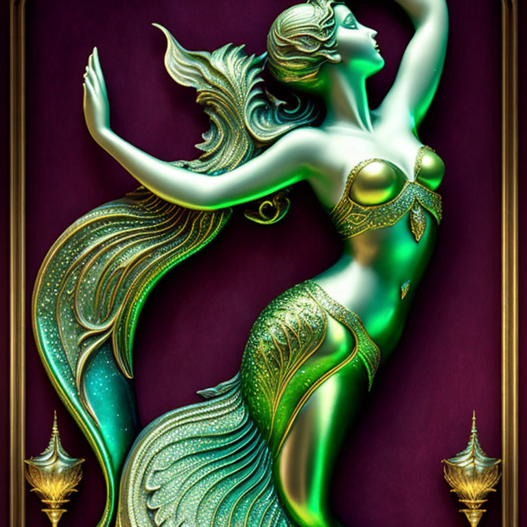 Mermaid with Green Tail and Golden Hair in Decorative Border