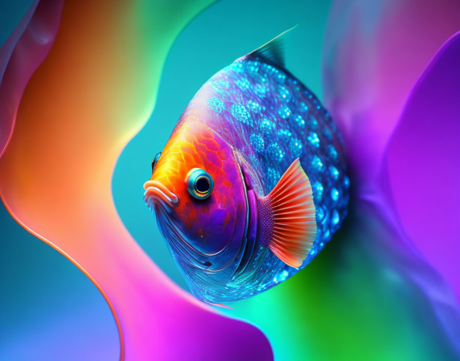 Colorful digital artwork featuring iridescent fish against vibrant backdrop