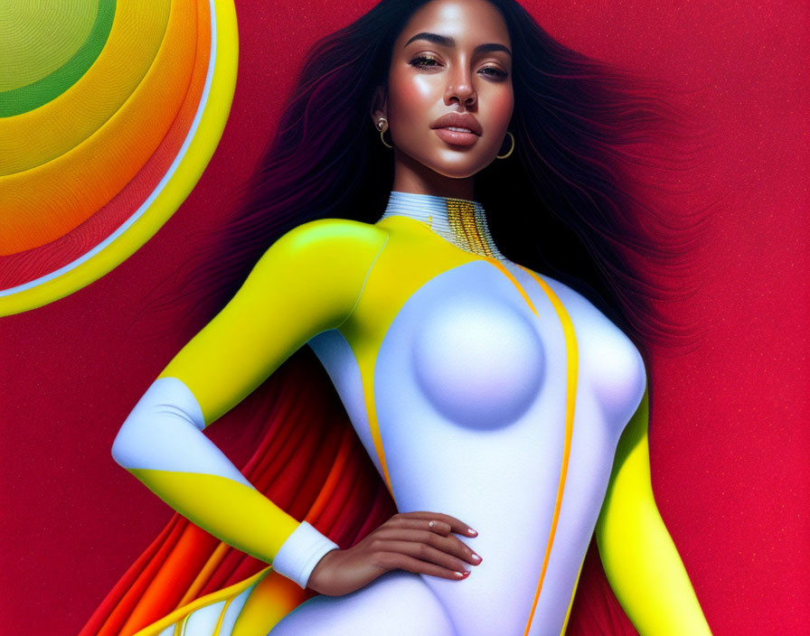 Vibrant digital artwork of a woman in futuristic suit on red backdrop