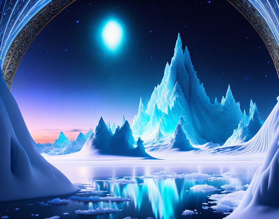 Icy Landscape with Blue Mountains and Starlit Sky